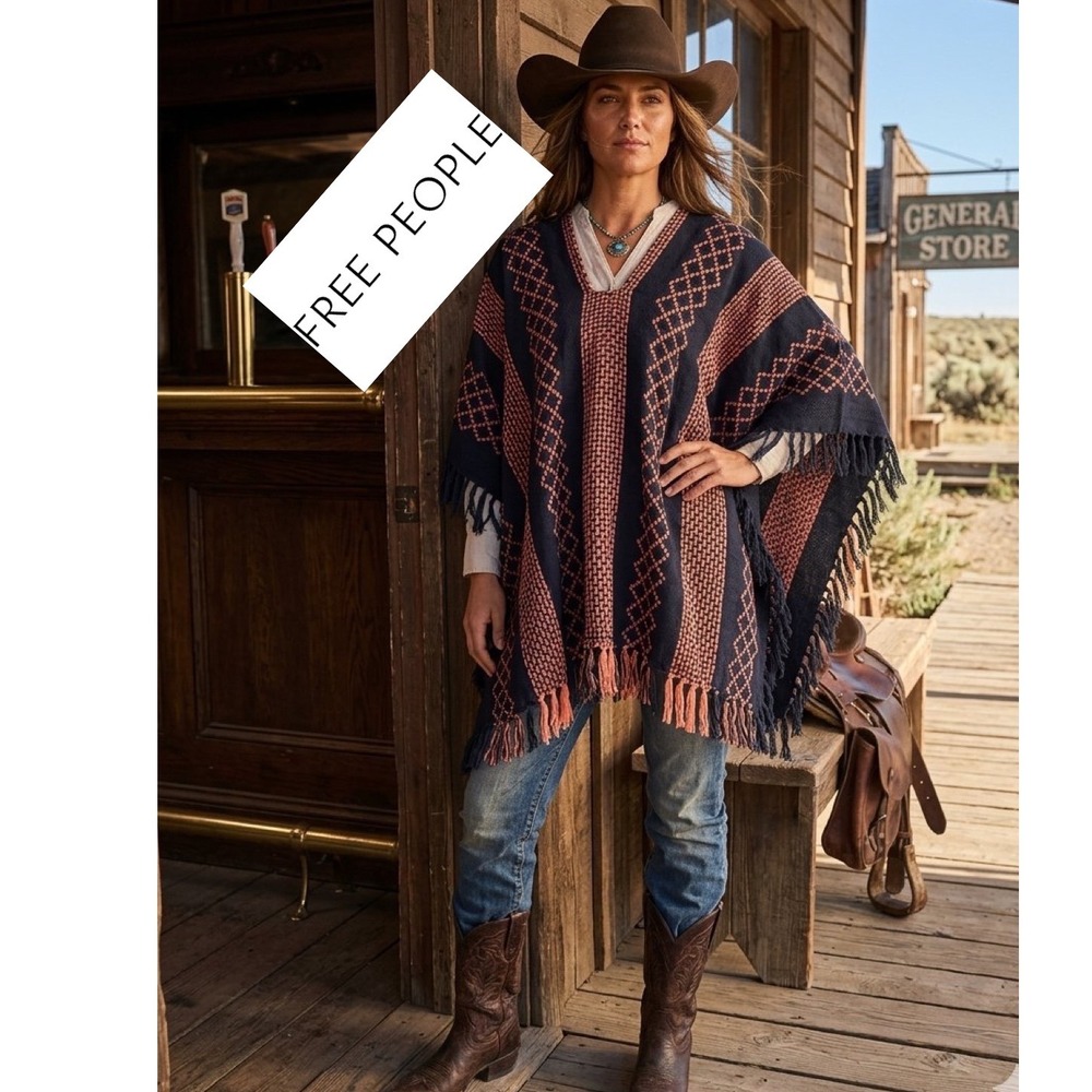 Free People Navy Orange Geometric Knit Fringe Poncho Sweater V-Neck OS Westen